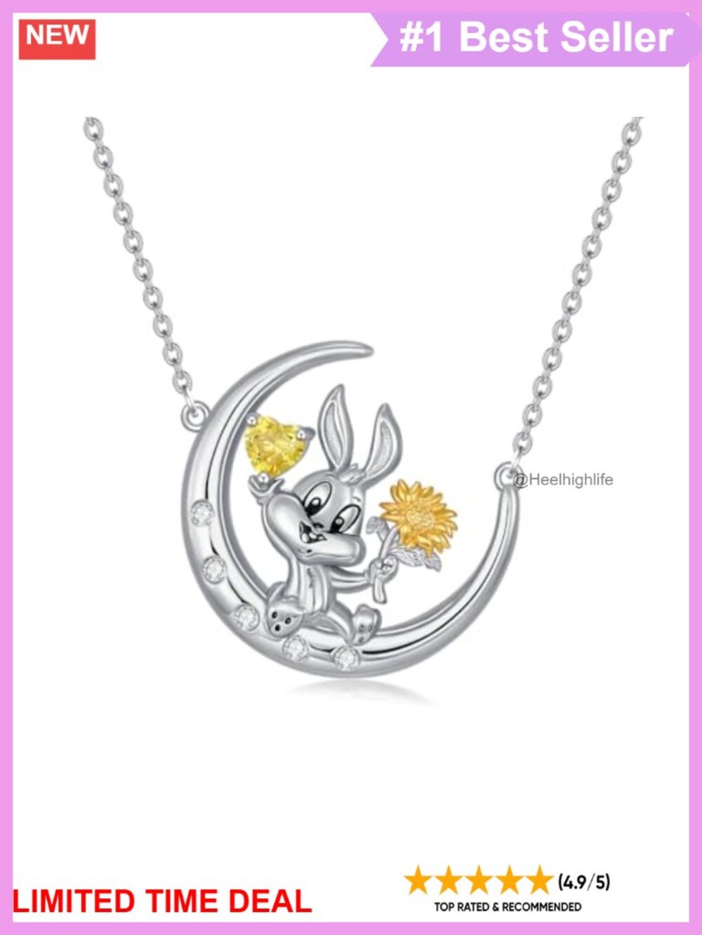 Sterling Silver Rabbit Birthstone Necklace Sunflower Moon Pendant